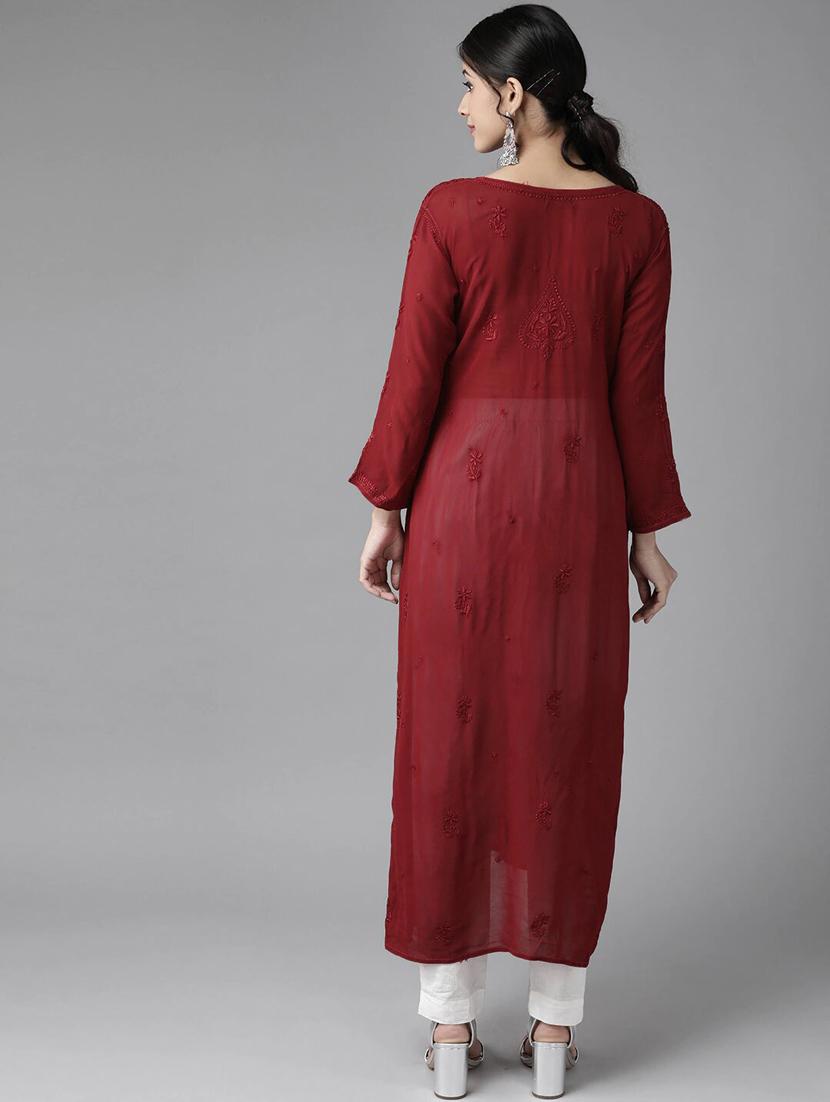 ada hand-embroidered maroon chikankari kurta - 17736451 - Standard Image - 3