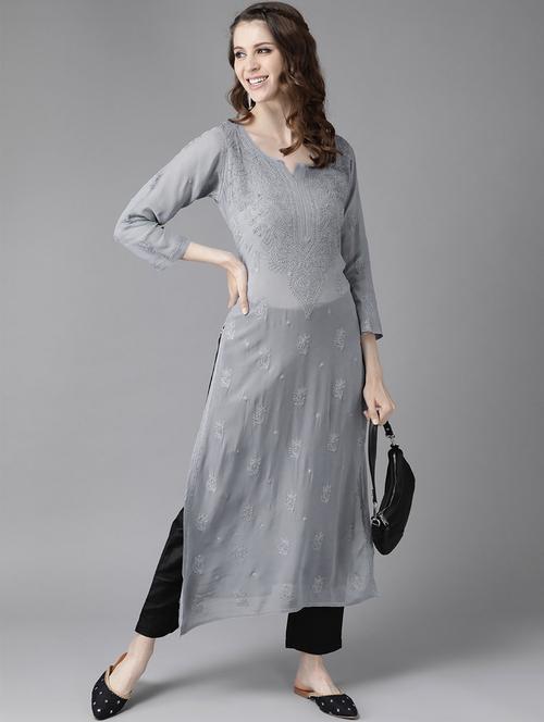 grey viscose straight long chikankari women kurta - 17736452 - Standard Image - 0