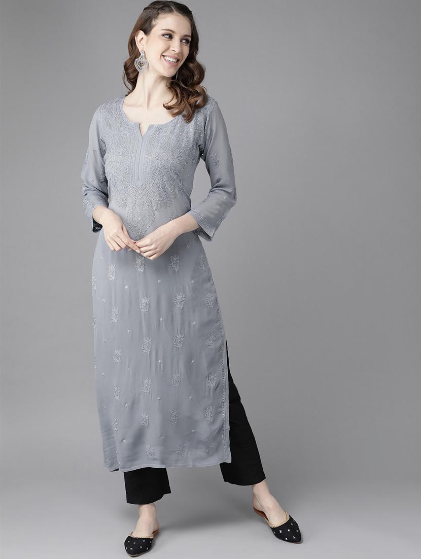 grey viscose straight long chikankari women kurta - 17736452 - Standard Image - 3