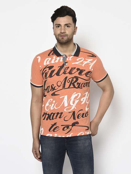 orange printed polo t-shirt - 17737390 - Standard Image - 0