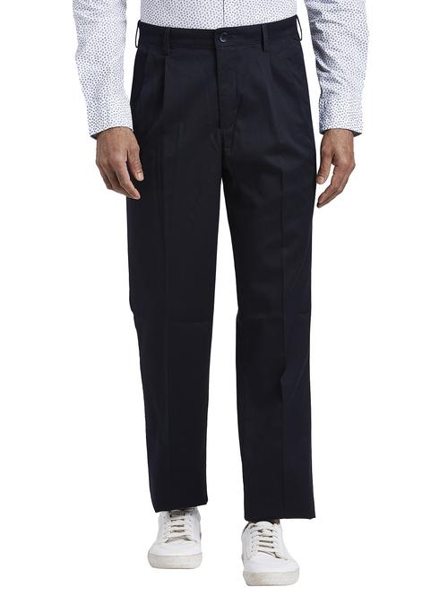 navy blue solid pleated casual trouser - 17737921 -  Standard Image - 0