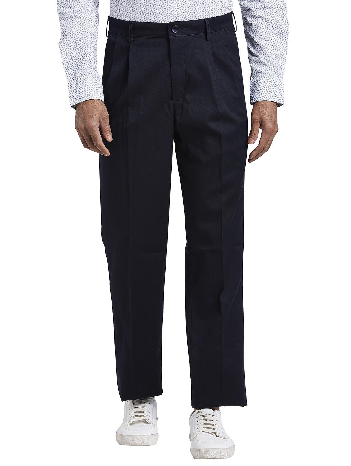 navy blue solid pleated casual trouser - 17737921 -  Zoom Image - 0