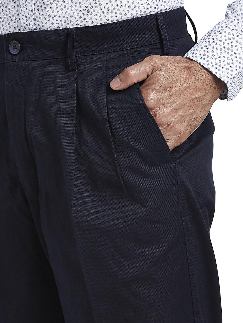 navy blue solid pleated casual trouser - 17737921 - Standard Image - 5