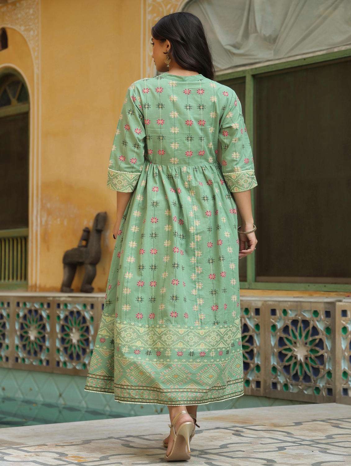 olive flared ethnic dress with mask - 17739079 -  Standard Image - 3
