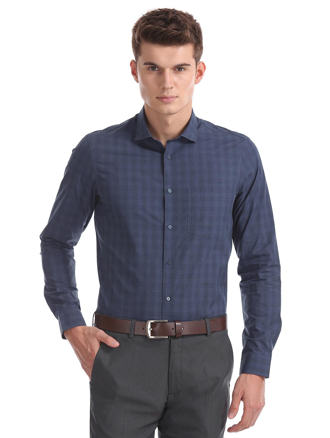 navy blue checkered formal shirt - 17739328 -  Zoom Image - 0