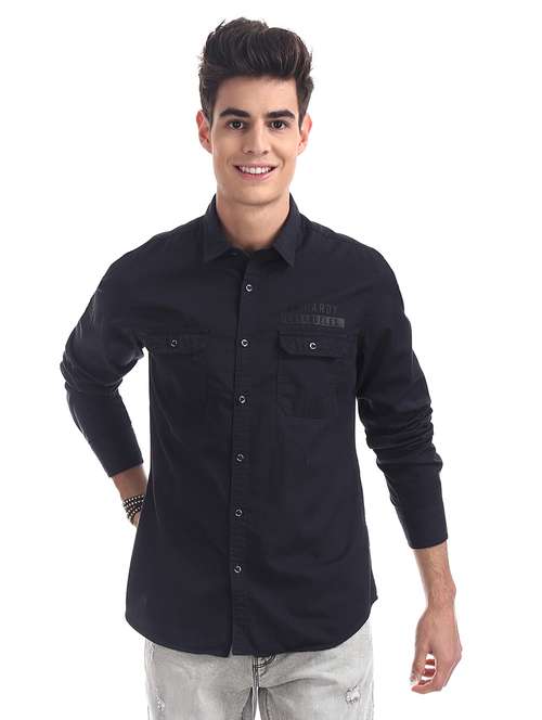 navy blue solid casual shirt - 17739494 - Standard Image - 0
