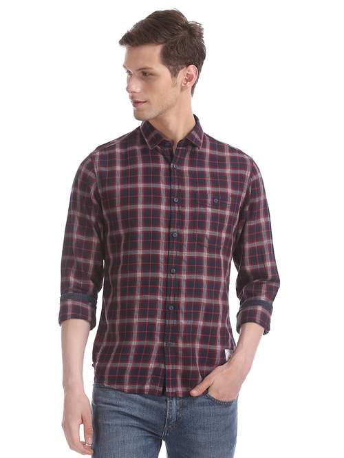 navy blue checkered casual shirt - 17739528 - Standard Image - 0