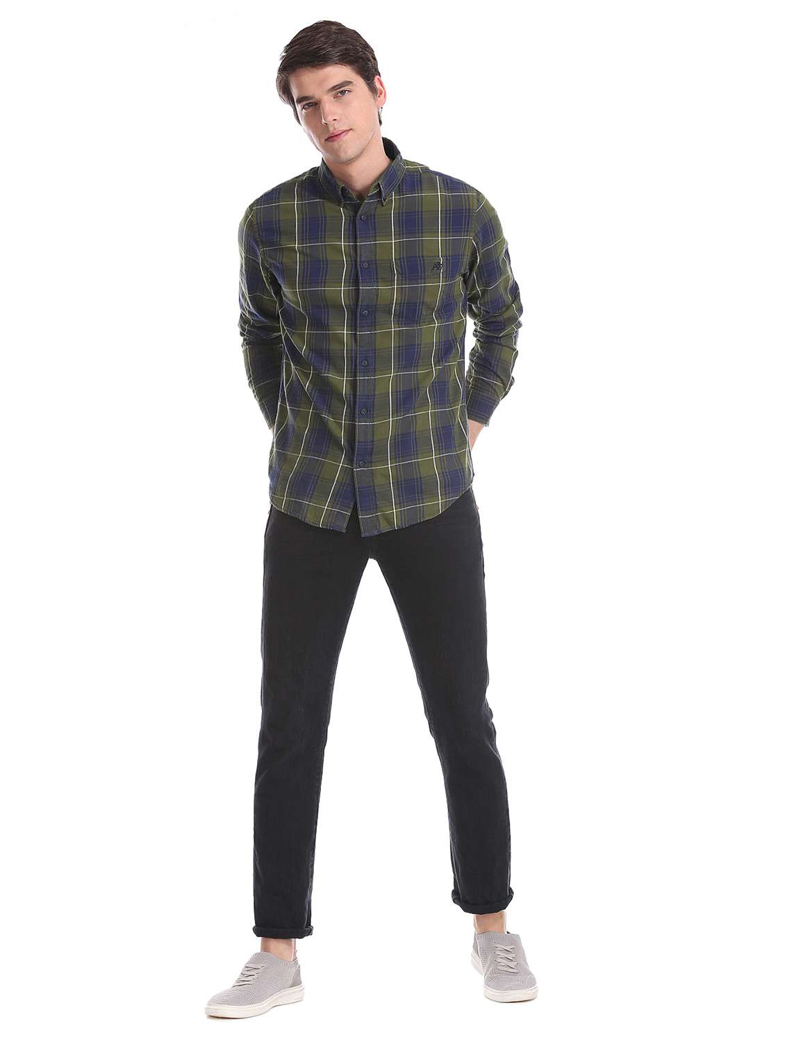 olive green checkered casual shirt - 17739570 - Standard Image - 3