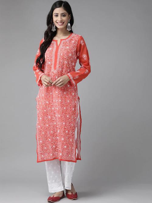ada hand-embroidered red chikankari kurta palazzo set  - 17740091 -  Standard Image - 0