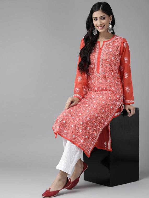 ada hand-embroidered red chikankari kurta palazzo set  - 17740091 -  Standard Image - 3
