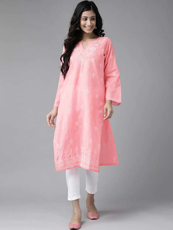 ada hand-embroidered pink chikankari kurta pant set - 17740092 - Zoom Image - 0