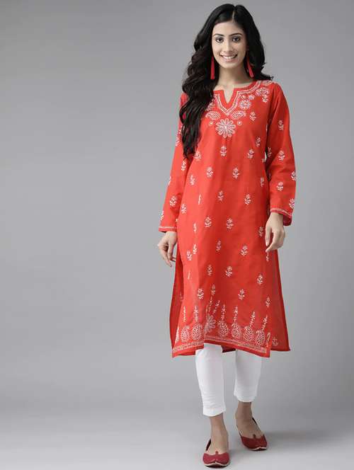 ada hand-embroidered red chikankari kurta pant set  - 17740093 -  Standard Image - 0
