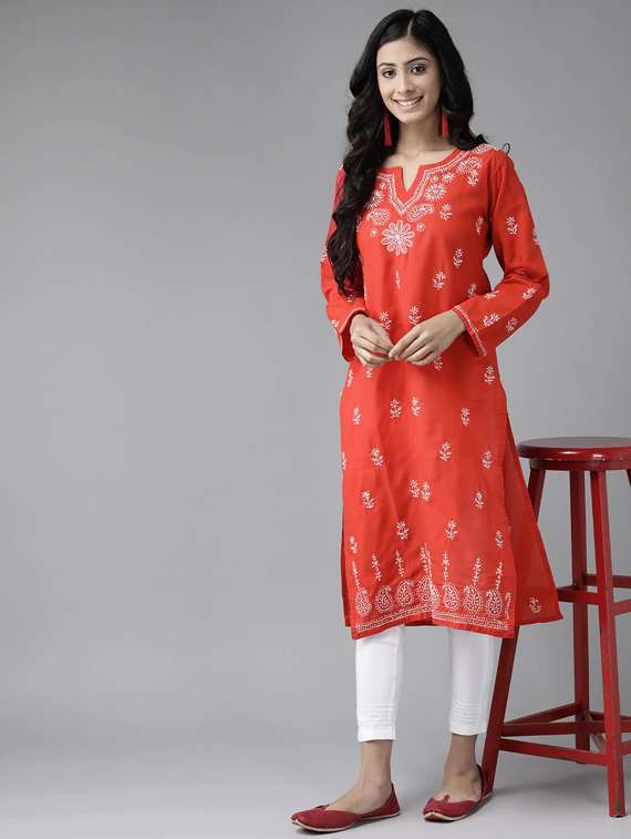ada hand-embroidered red chikankari kurta pant set - 17740093 - Standard Image - 3