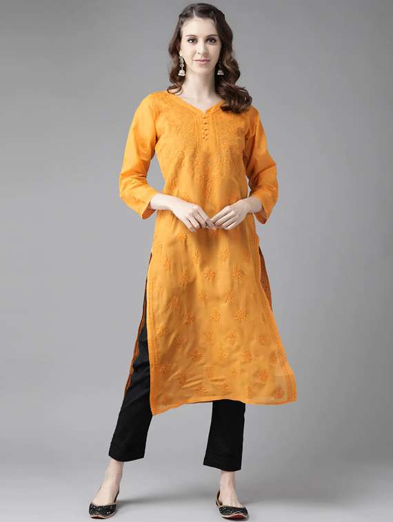 ada hand-embroidered mustard chikankari kurta pant set  - 17740095 -  Zoom Image - 0