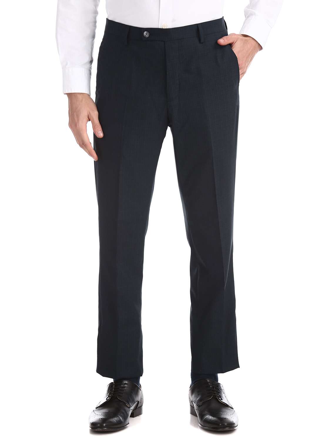 navy blue textured flat front formal trouser - 17741758 -  Zoom Image - 0
