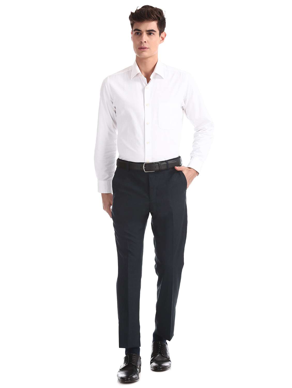 navy blue textured flat front formal trouser - 17741758 - Standard Image - 3