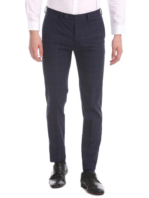 navy blue checkered flat front formal trouser - 17741807 - Standard Image - 0