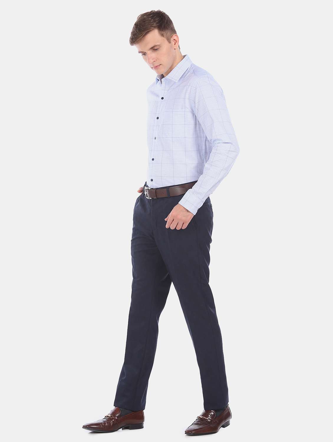 navy blue checkered flat front formal trouser - 17741893 -  Standard Image - 3