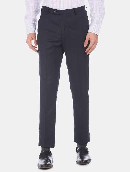 navy blue solid flat front formal trouser - 17741903 -  Standard Image - 0