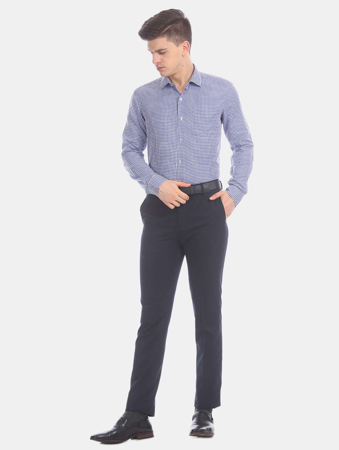 navy blue solid flat front formal trouser - 17741905 - Standard Image - 3