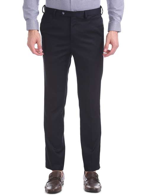 navy blue textured flat front formal trouser - 17742180 - Standard Image - 0