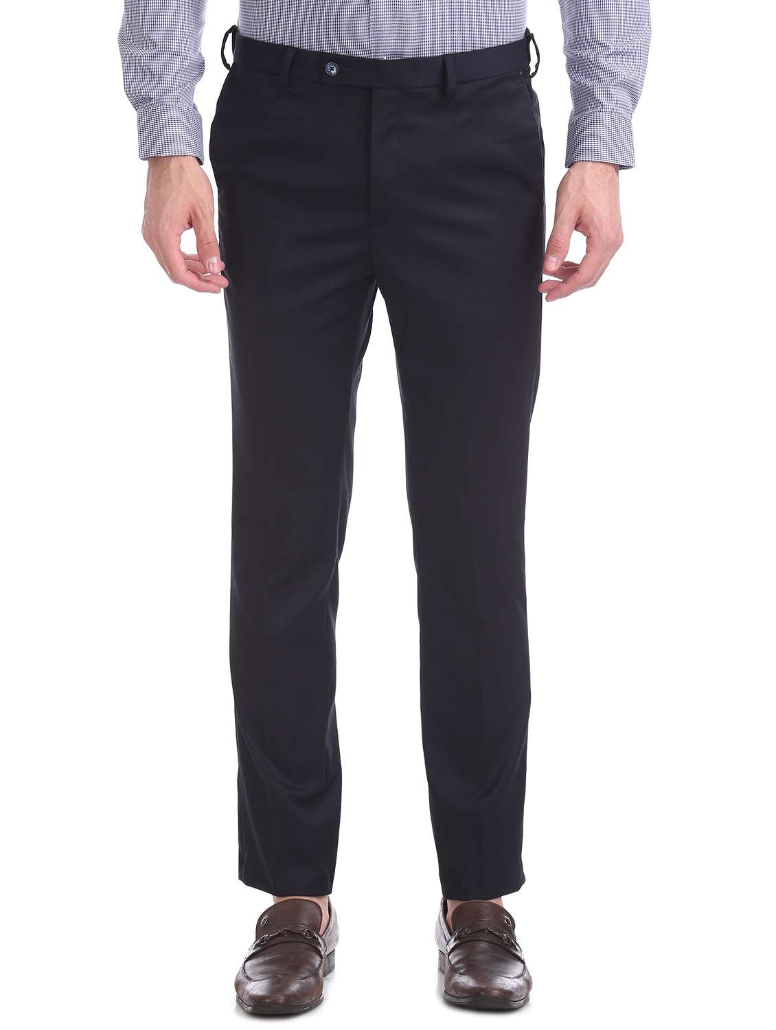 navy blue textured flat front formal trouser - 17742180 - Zoom Image - 0