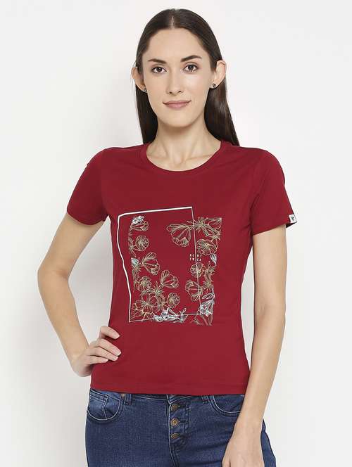 maroon floral chest print t-shirt - 17743198 - Standard Image - 0