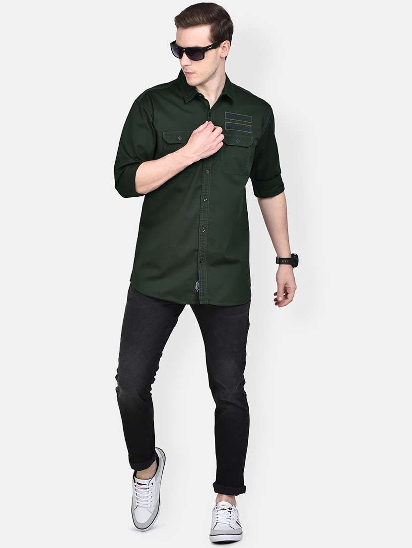 olive green solid casual shirt - 17744249 - Standard Image - 3