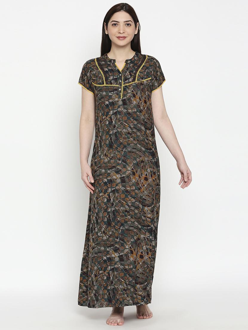 mandarin neck printed nightwear gown - 17744366 - Zoom Image - 0