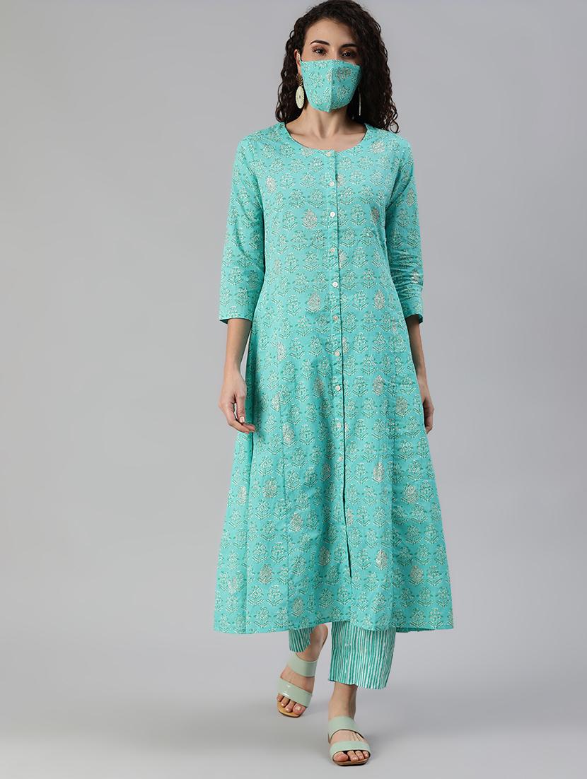 printed kurta pant set with mask - 17754113 -  Zoom Image - 0