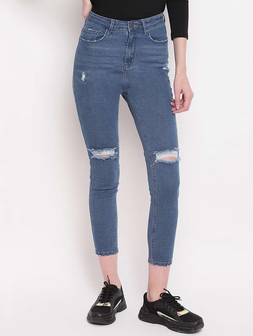 high rise knee slit jeans 