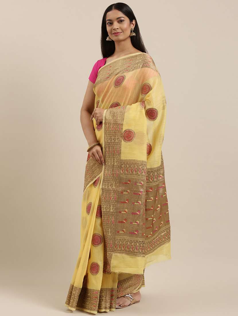 women's printed yellow colored saree with blouse