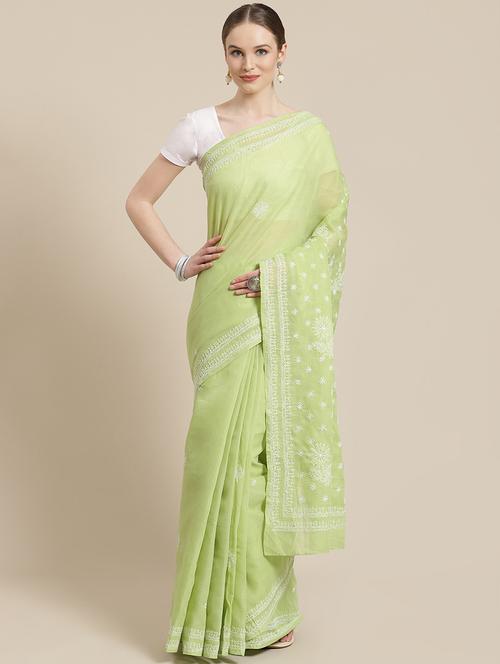 ada hand-embroidered green chikankari saree with blouse - 17757719 - Standard Image - 0