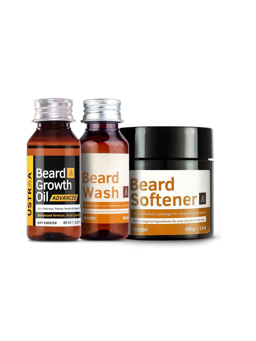 ustraa beard growth oil advanced - 60ml, ustraa beard wash woody - 60ml and ustraa beard softener - 100g
