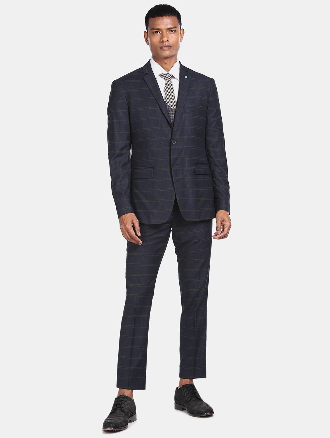 blue checkered 3 piece suit