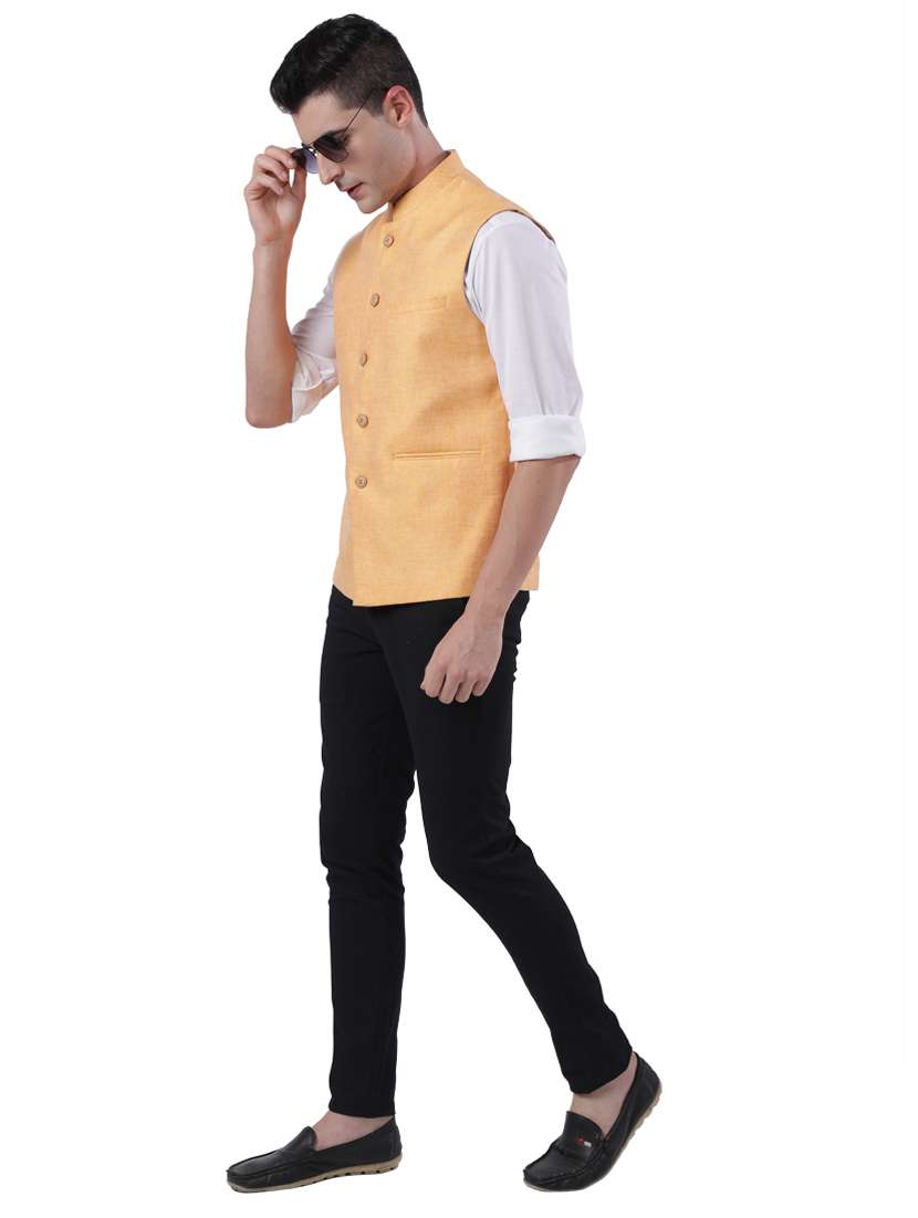 Buy online Yellow Solid Linen Nehru Jacket from Jackets for Men by