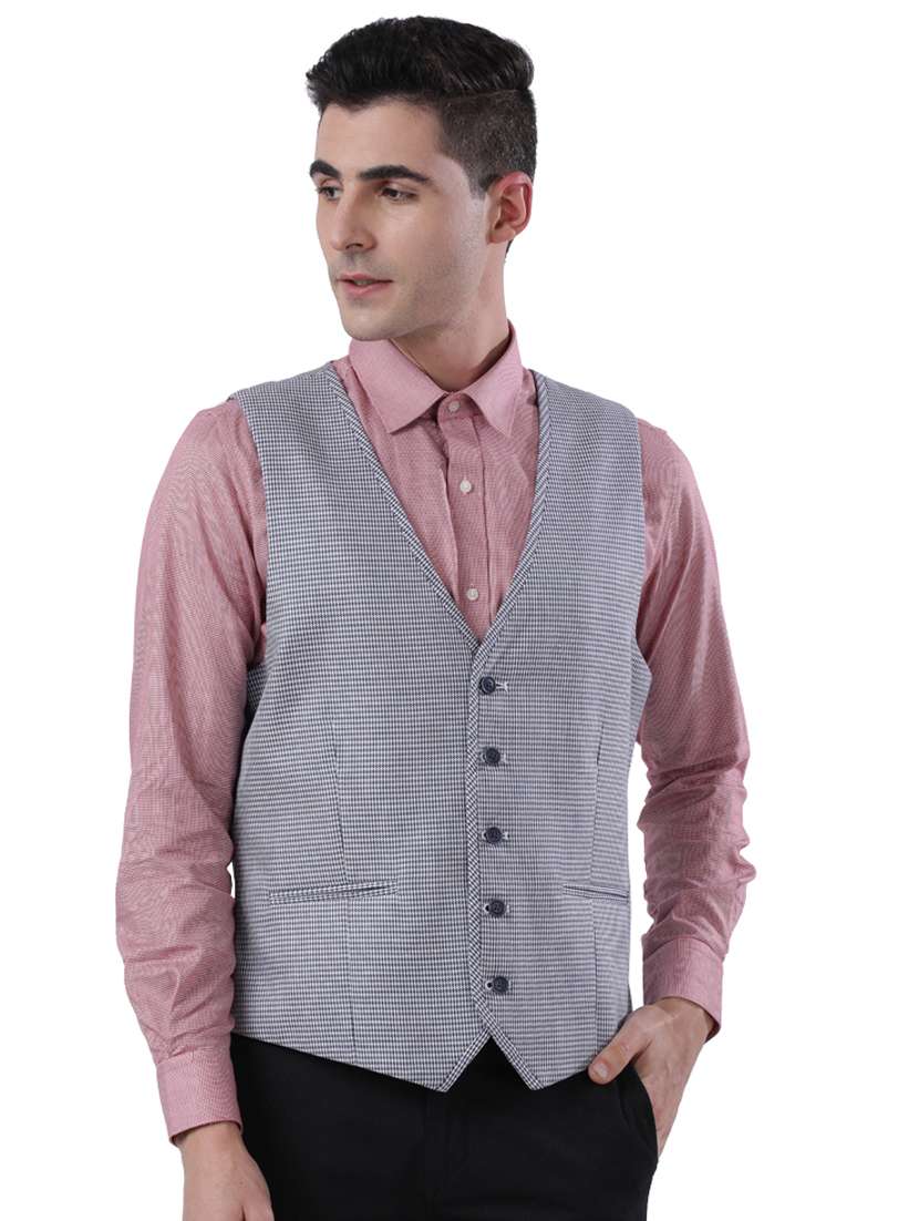 blue self design linen classic waist coat
