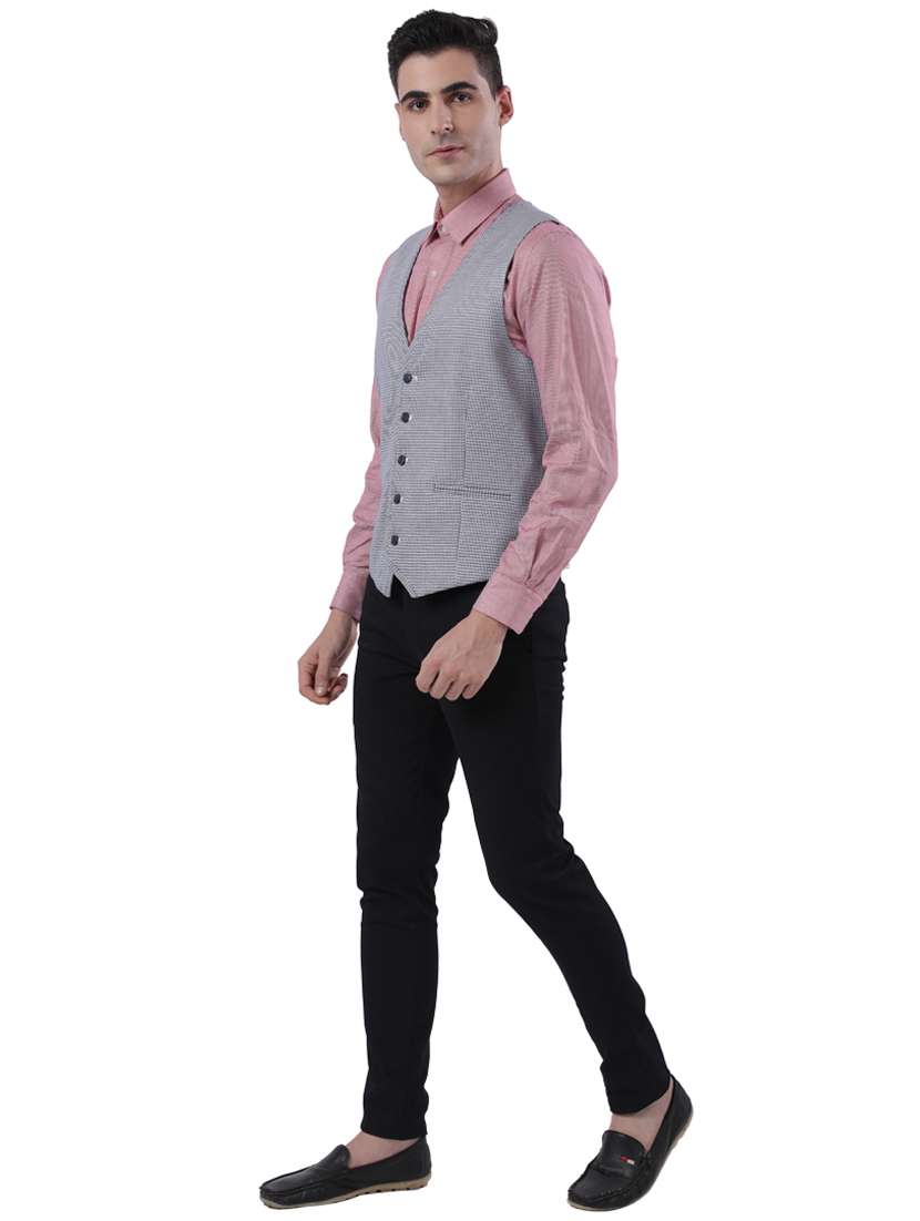 Buy online Blue Self Design Linen Classic Waist Coat from Jackets