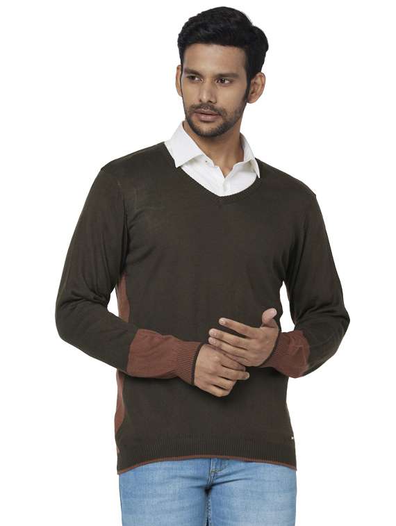 brown color block acrylic pullover