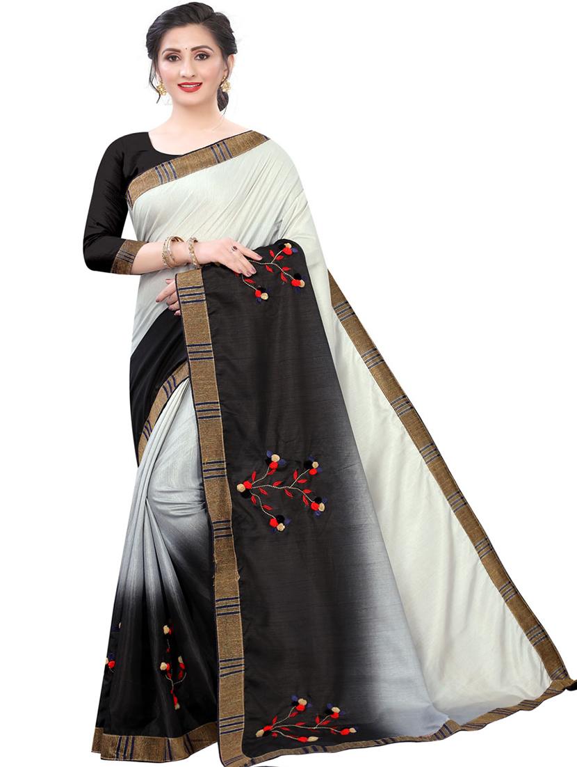 solid embroidered saree with blouse - 17769251 - Zoom Image - 0