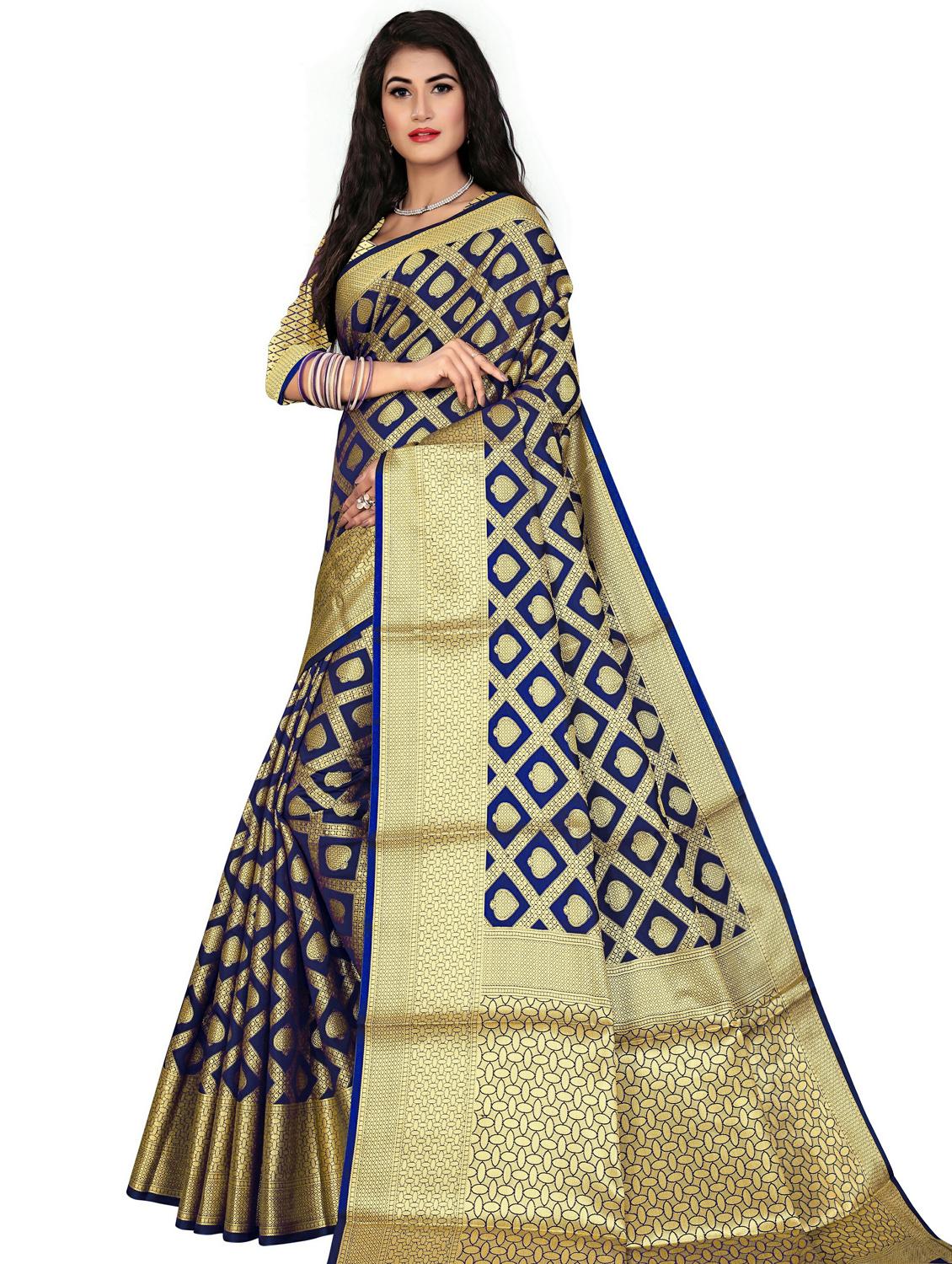 navy silk banarasi saree with blouse - 17770132 - Zoom Image - 0