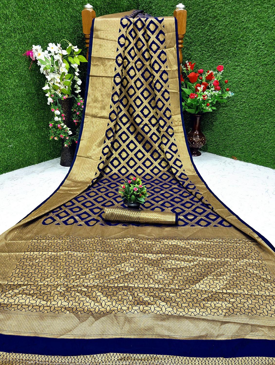 navy silk banarasi saree with blouse - 17770132 - Standard Image - 3