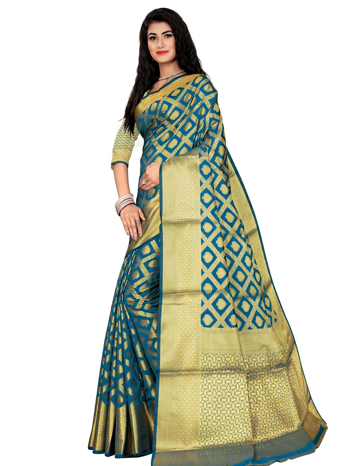 indigo silk banarasi saree with blouse - 17770134 - Zoom Image - 0