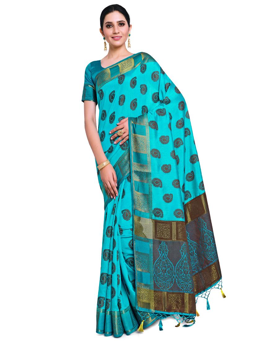 turquoise art silk kanjivaram saree with blouse - 17770741 - Zoom Image - 0