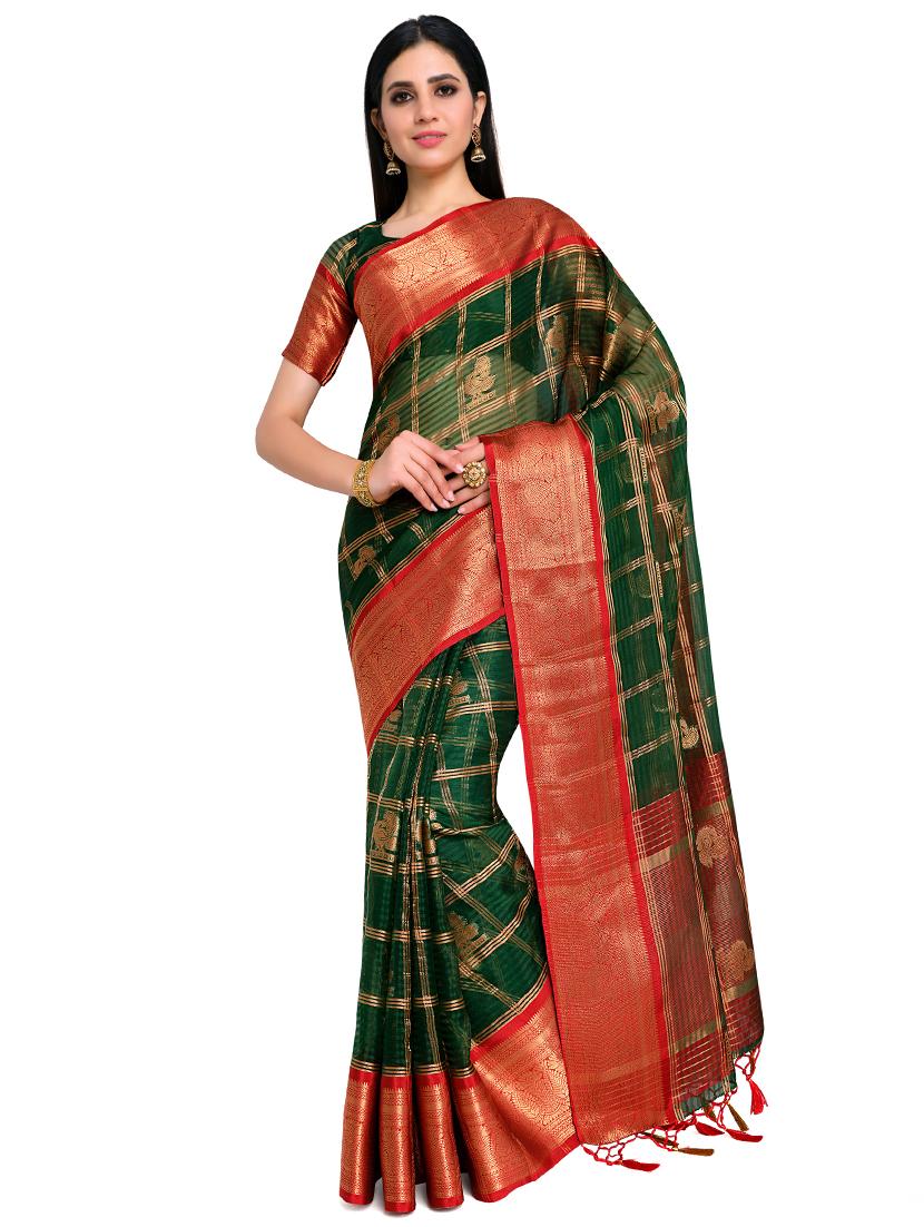 green organza banarasi saree - 17770766 - Zoom Image - 0