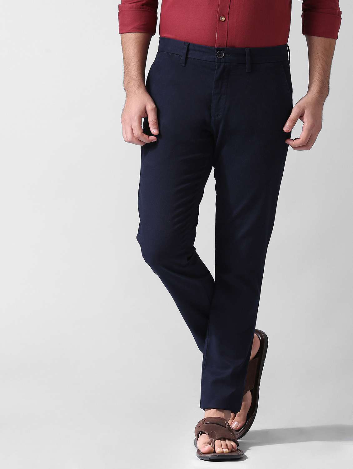 navy blue textured flat front casual trouser