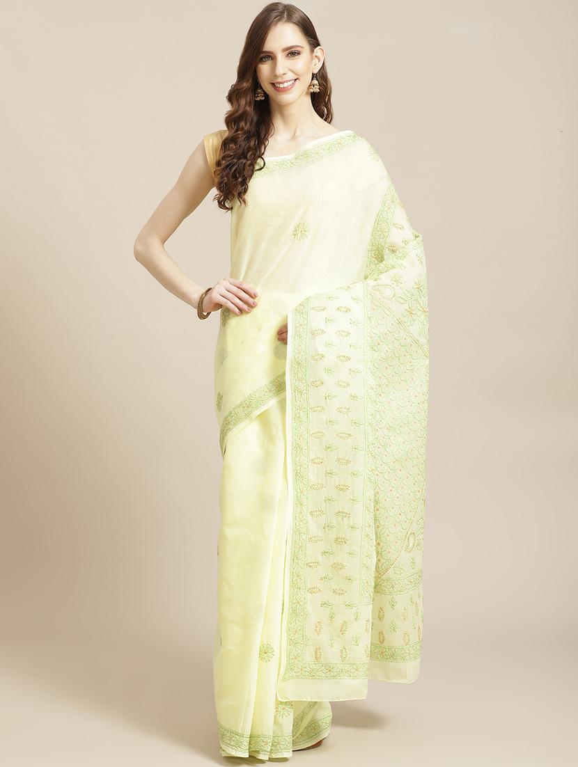 ada hand-embroidered lemon chikankari saree with blouse - 17772684 - Zoom Image - 0