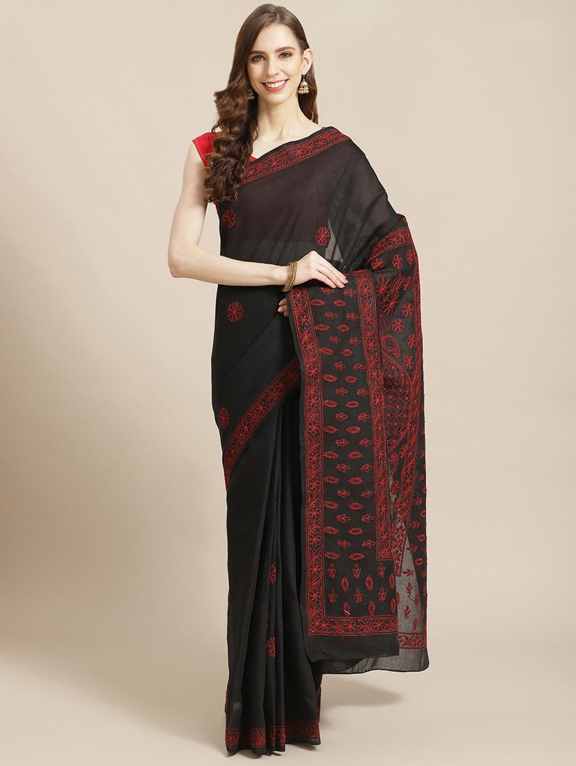 ada hand-embroidered black chikankari saree with blouse - 17772686 - Zoom Image - 0