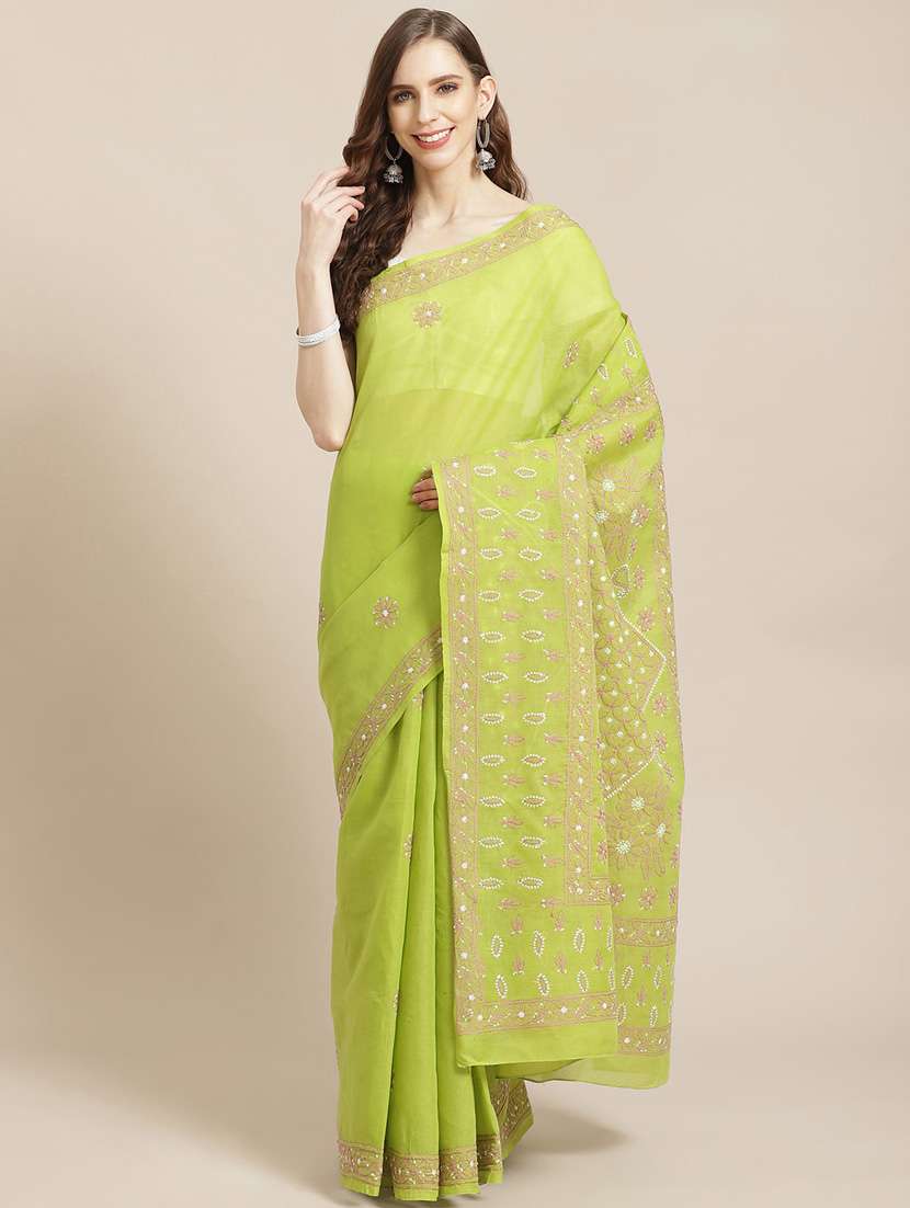 ada hand-embroidered green chikankari saree with blouse - 17772688 -  Zoom Image - 0