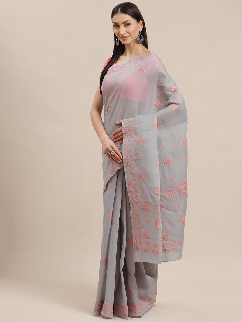 ada hand-embroidered grey chikankari saree with blouse - 17772690 -  Zoom Image - 0